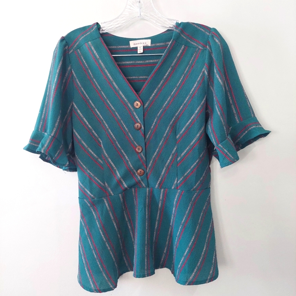 Monteau Blouse Medium green red stripes peplum V-neck